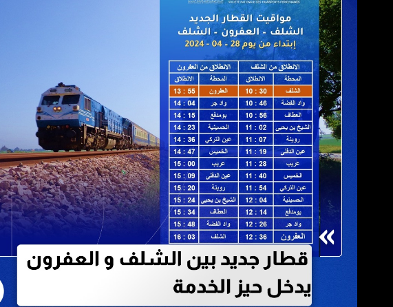 قطار جديد على خط الشلف – العفرون – الشلف تسهيلاً على المسافرين